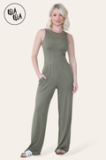 Solid Ribbed High Neck Wide Leg Sleeveless Jumpsuit in Khaki