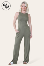 Solid Ribbed High Neck Wide Leg Sleeveless Jumpsuit in Khaki