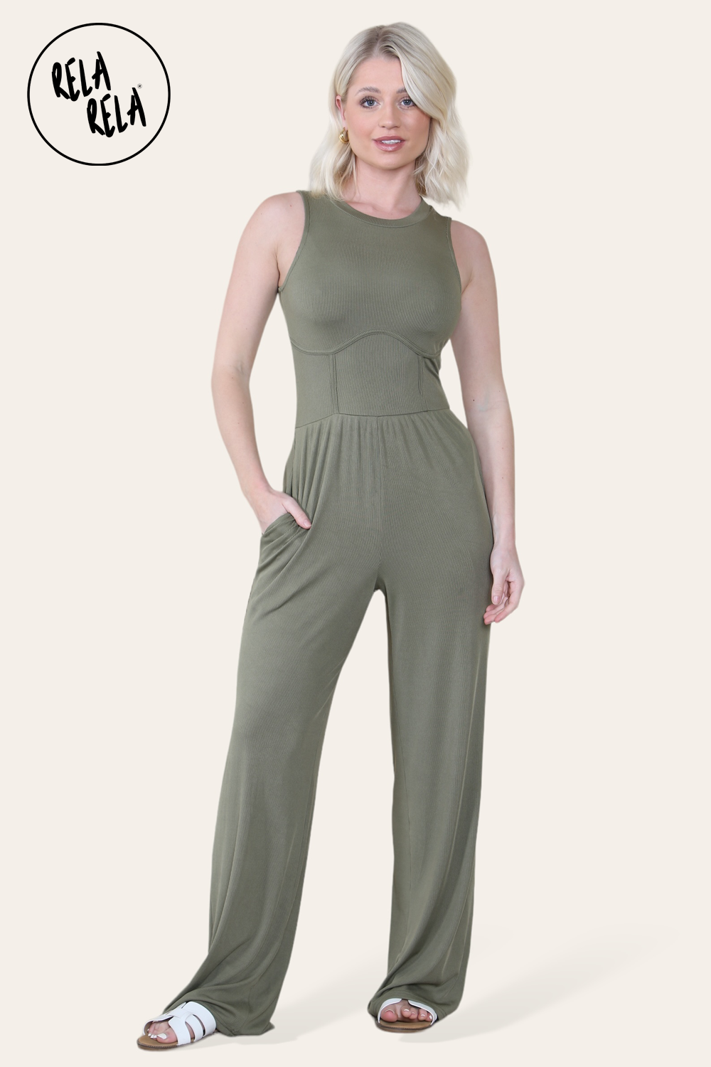 Solid Ribbed High Neck Wide Leg Sleeveless Jumpsuit in Khaki