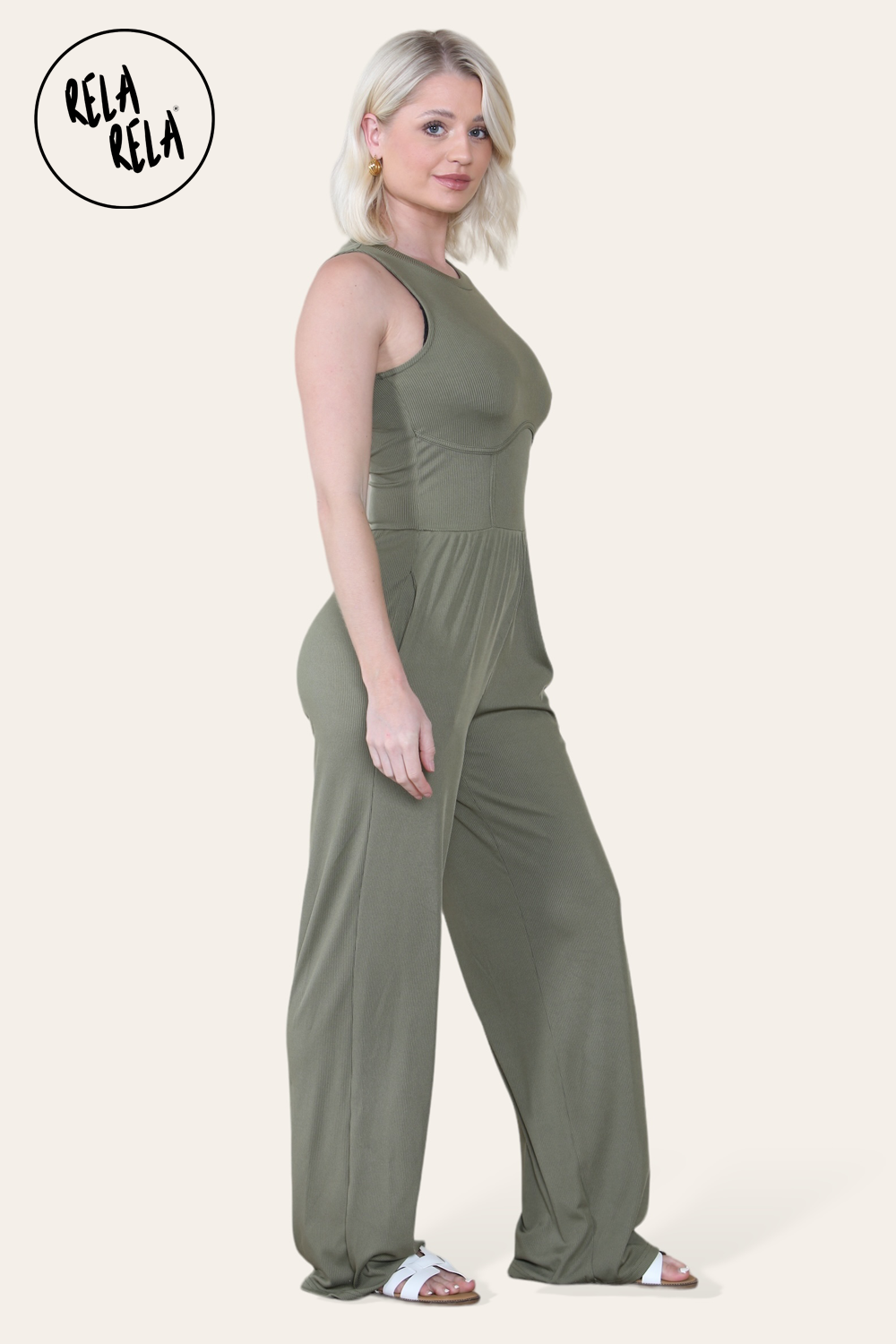 Solid Ribbed High Neck Wide Leg Sleeveless Jumpsuit in Khaki
