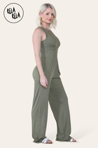 Solid Ribbed High Neck Wide Leg Sleeveless Jumpsuit in Khaki