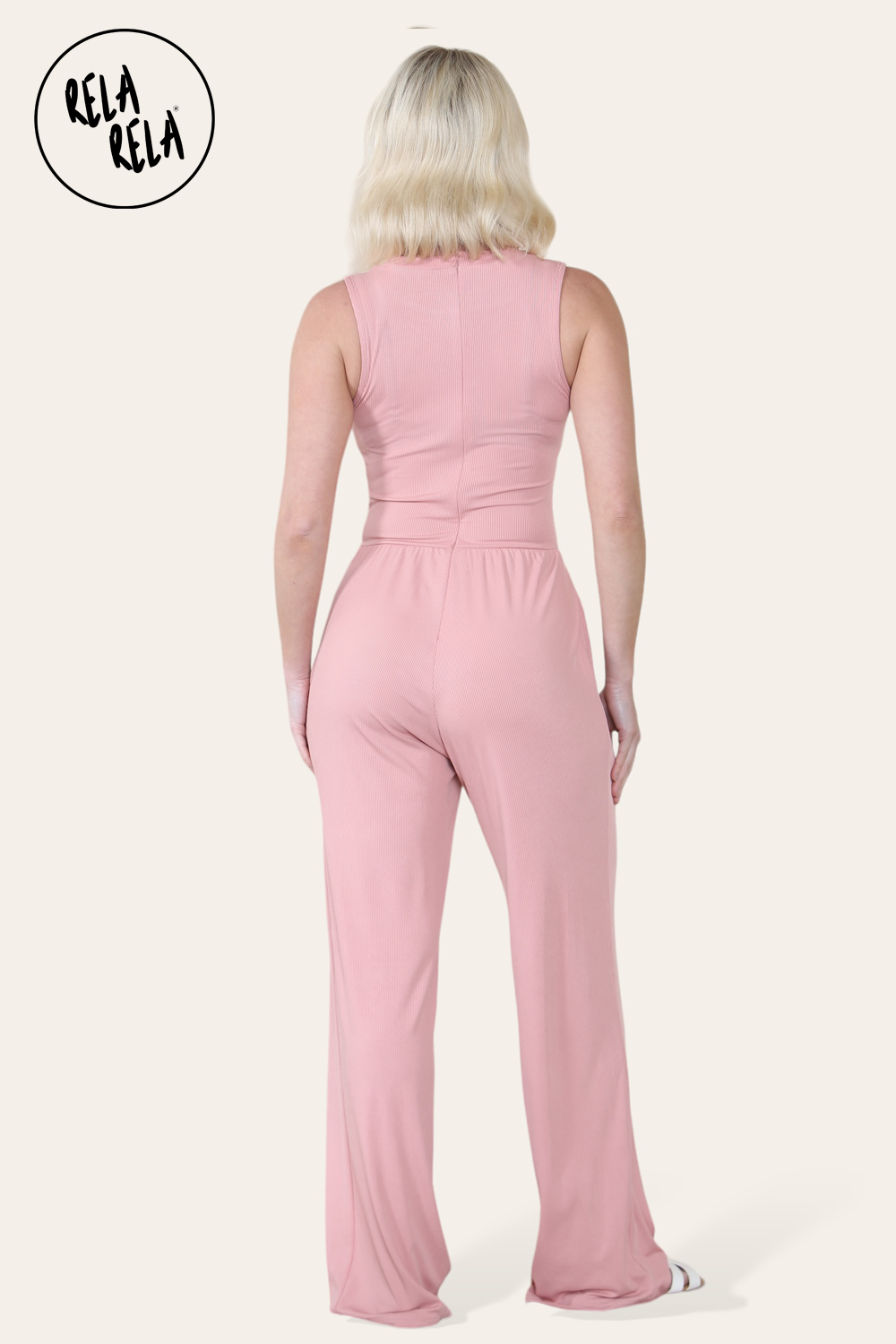 Solid Ribbed High Neck Wide Leg Sleeveless Jumpsuit in Rose Pink