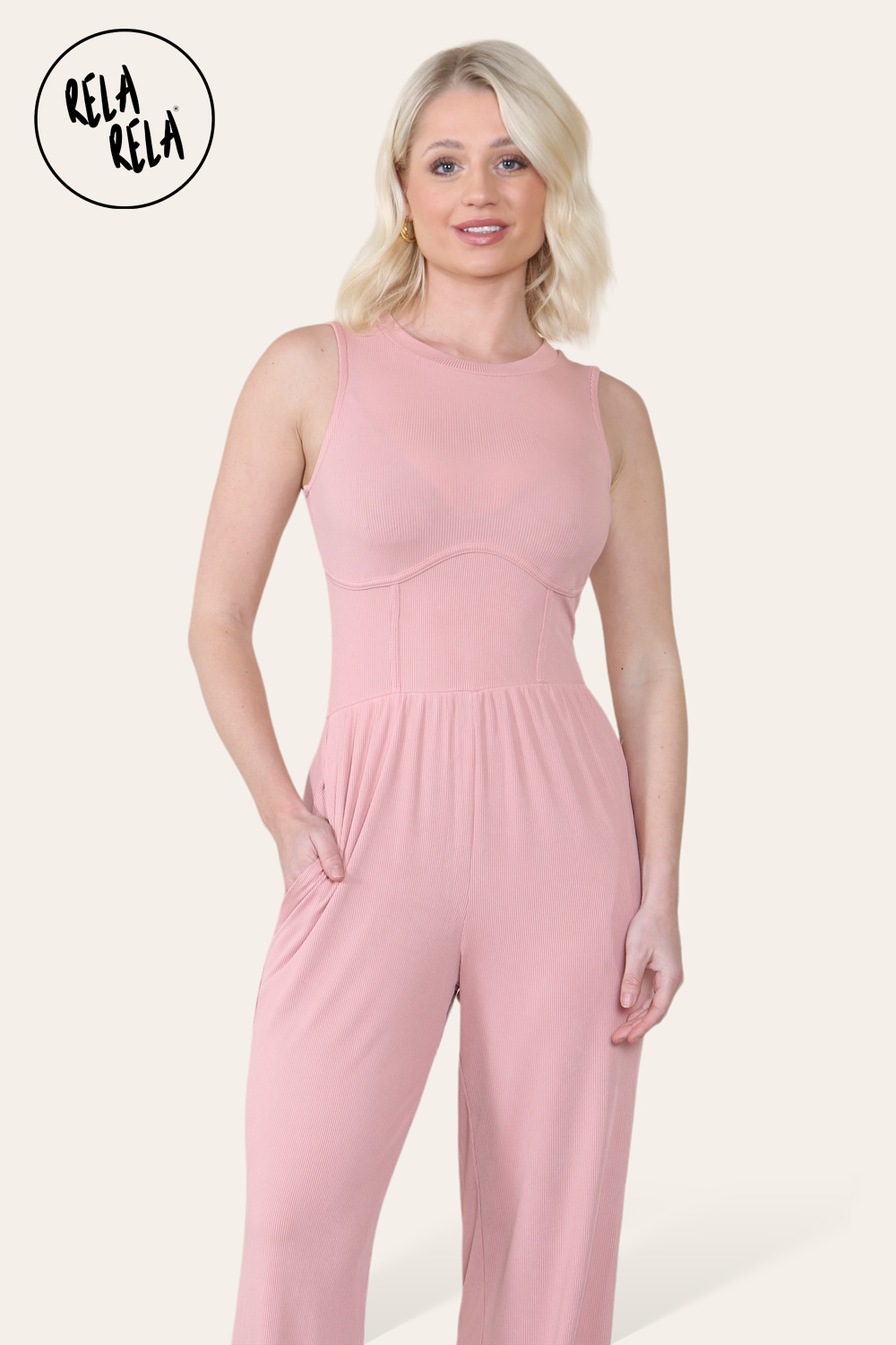 Solid Ribbed High Neck Wide Leg Sleeveless Jumpsuit in Rose Pink