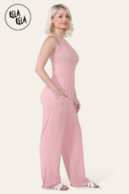 Solid Ribbed High Neck Wide Leg Sleeveless Jumpsuit in Rose Pink