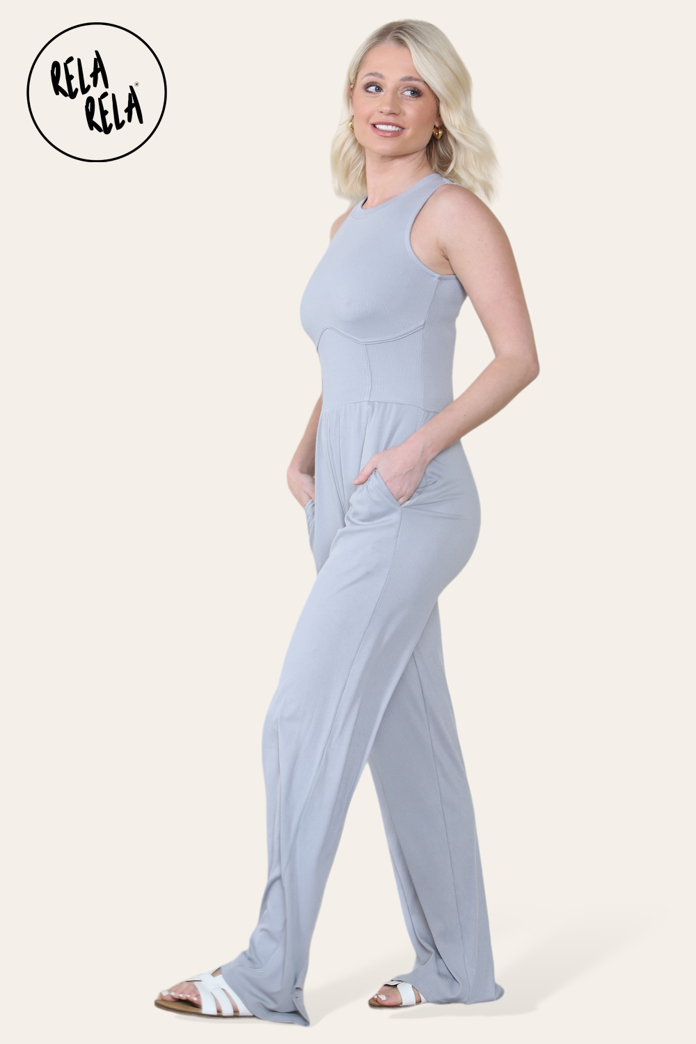 Solid Ribbed High Neck Wide Leg Sleeveless Jumpsuit in Grey