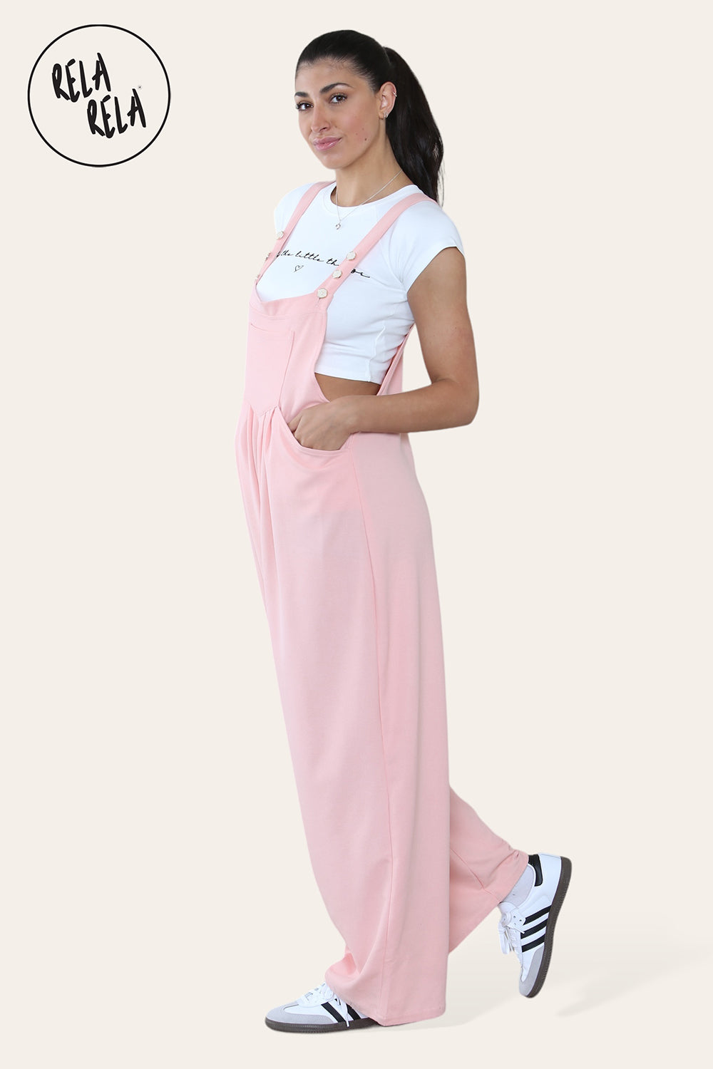 Adjustable Strap Button Dungarees with Multiple Pockets in Rose Pink