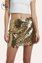 Shimmering Mid Rise Disc Sequin Micro Skirt in Gold