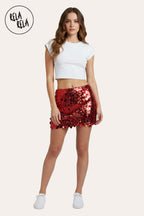Shimmering Mid Rise Disc Sequin Micro Skirt in Red