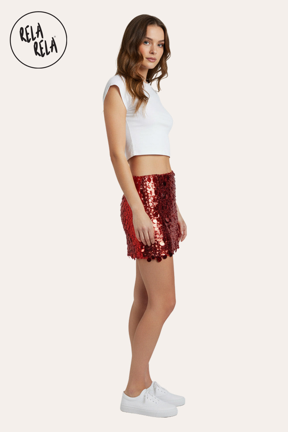 Shimmering Mid Rise Disc Sequin Micro Skirt in Red