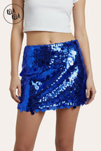 Shimmering Mid Rise Disc Sequin Micro Skirt in Cobal Blue