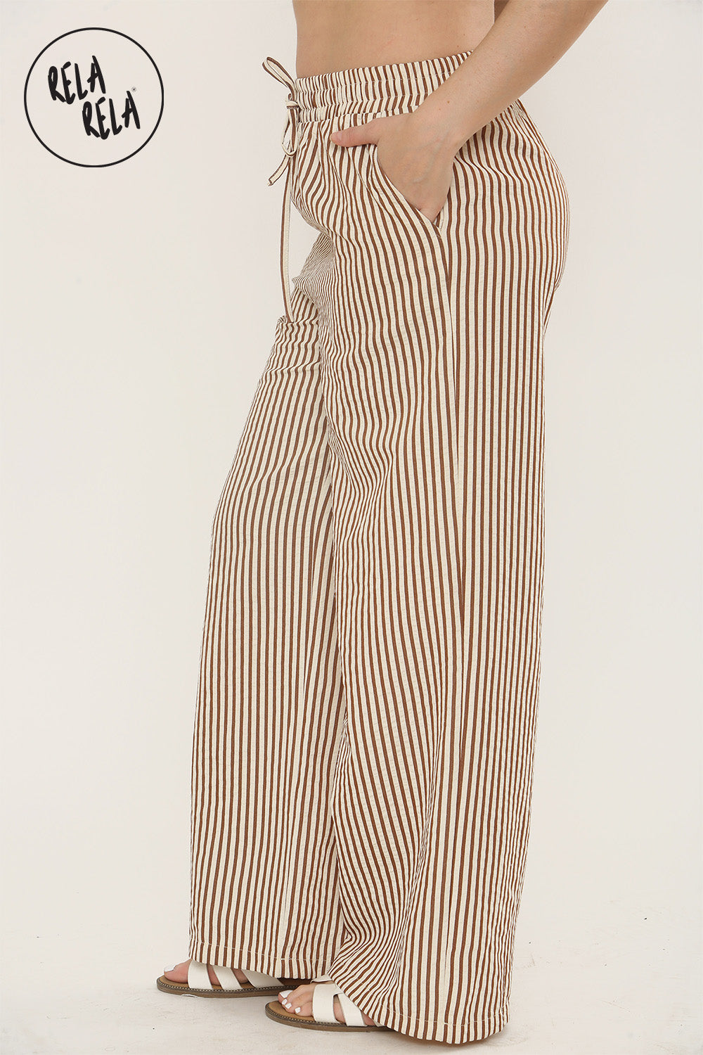 Wide Leg Stripe Elasticated Waistband Trousers in Mocha