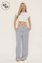 Wide Leg Stripe Elasticated Waistband Trousers in Royal Blue
