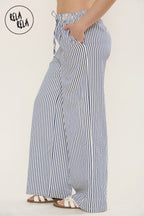 Wide Leg Stripe Elasticated Waistband Trousers in Royal Blue