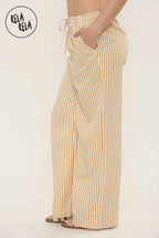 Wide Leg Stripe Elasticated Waistband Trousers in Mustard