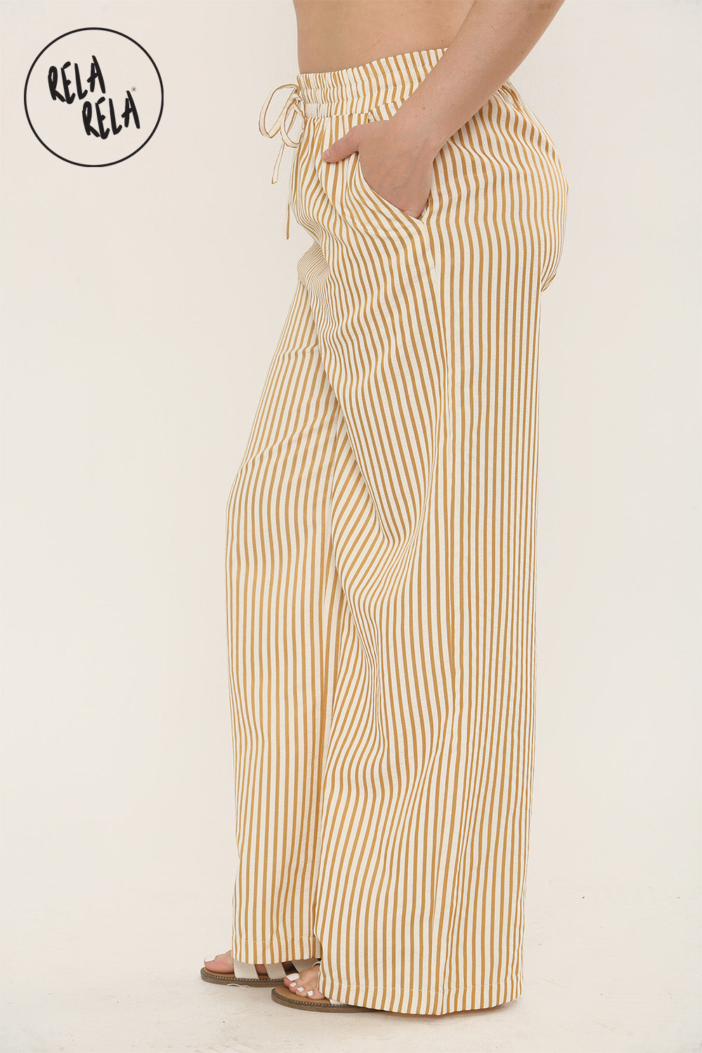 Wide Leg Stripe Elasticated Waistband Trousers in Mustard
