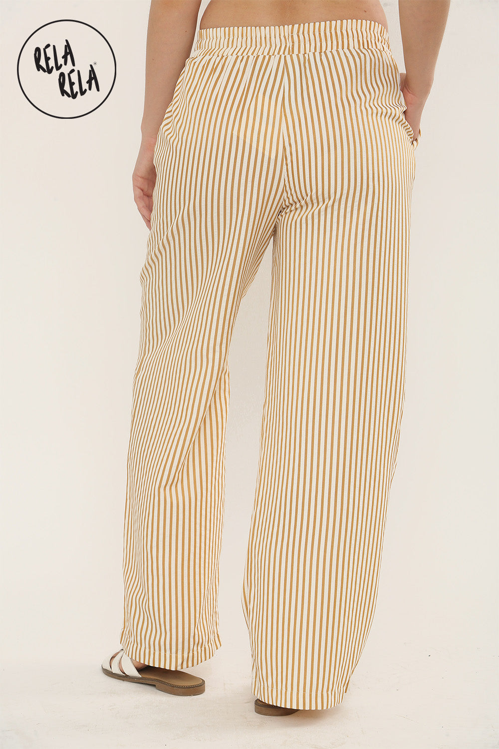 Wide Leg Stripe Elasticated Waistband Trousers in Mustard