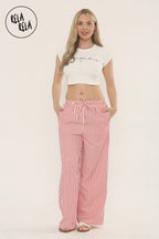Wide Leg Stripe Elasticated Waistband Trousers in Red