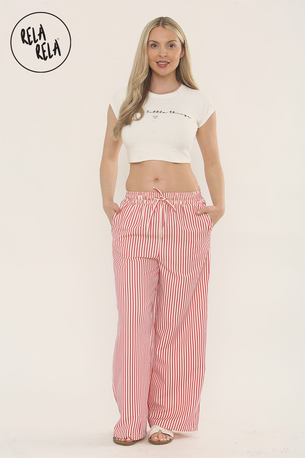 Wide Leg Stripe Elasticated Waistband Trousers in Red