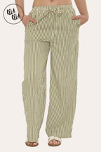 Wide Leg Stripe Elasticated Waistband Trousers in Sage