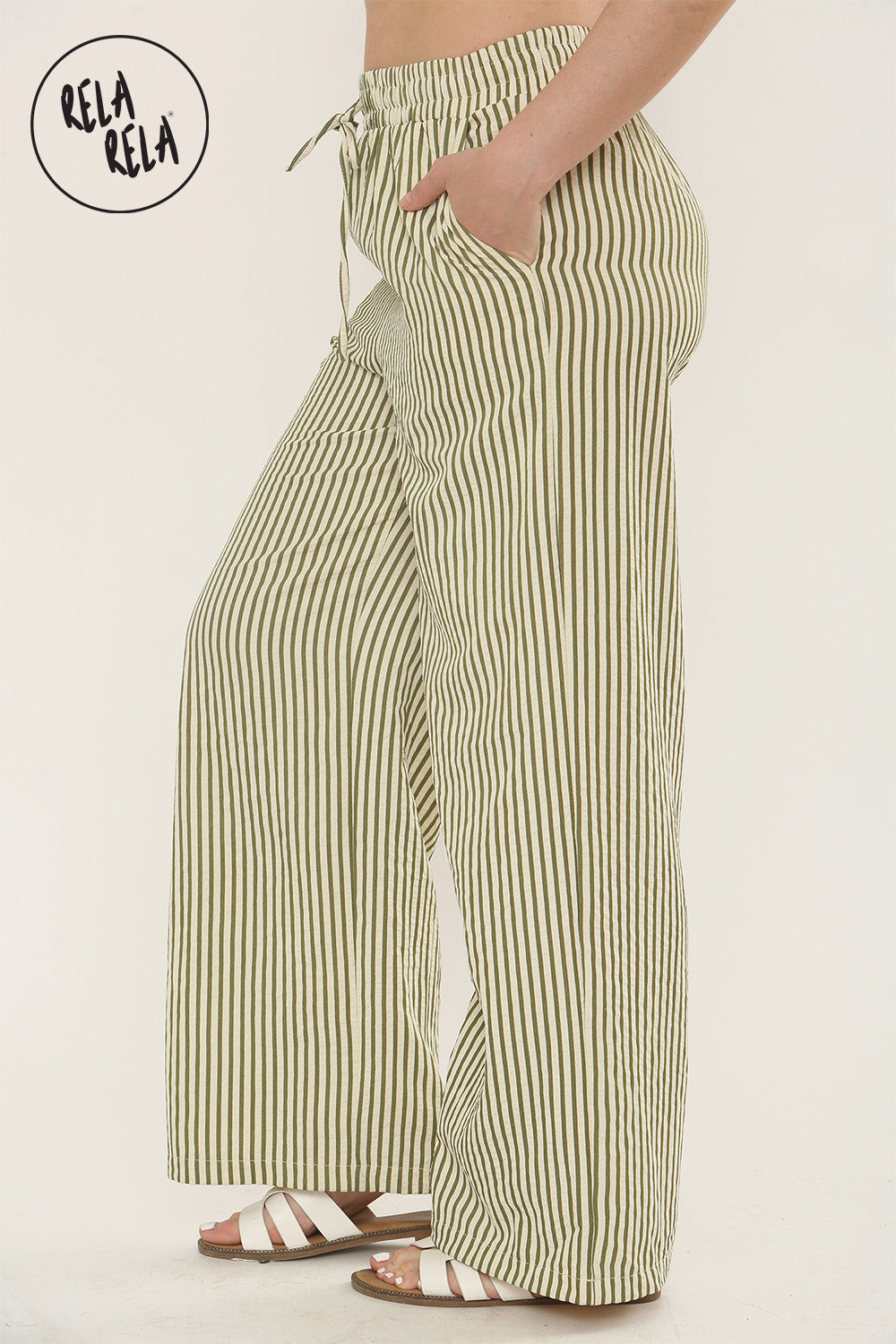 Wide Leg Stripe Elasticated Waistband Trousers in Sage