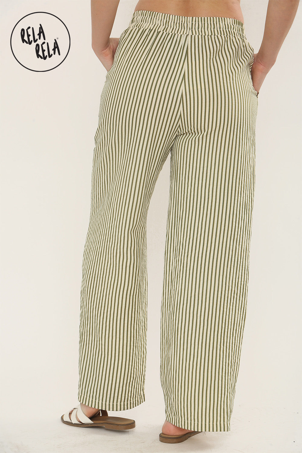 Wide Leg Stripe Elasticated Waistband Trousers in Sage