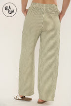 Wide Leg Stripe Elasticated Waistband Trousers in Sage
