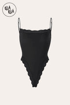 Spaghetti Strap Lace Trim Stretchy Bodysuit in Black