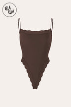 Spaghetti Strap Lace Trim Stretchy Bodysuit in Chocolate