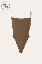 Spaghetti Strap Lace Trim Stretchy Bodysuit in Mocha