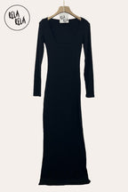 Soft Touch Stretch Rib Long Sleeve Maxi Dress in Black