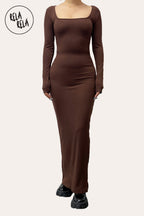 Soft Touch Stretch Rib Long Sleeve Maxi Dress in Chocolate