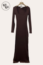 Soft Touch Stretch Rib Long Sleeve Maxi Dress in Chocolate