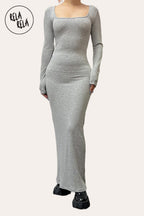 Soft Touch Stretch Rib Long Sleeve Maxi Dress in Grey