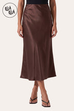 Satin Maxi Skirt with Slim Straight Cut in Chocolate