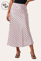 Satin Polka Dot Flowy Maxi Skirt in Pink