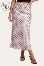 Satin Polka Dot Flowy Maxi Skirt in Pink