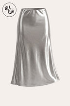 Satin Maxi Skirt with Slim Straight Cut in Silver
