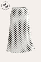 Satin Polka Dot Flowy Maxi Skirt in White
