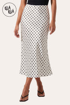 Satin Polka Dot Flowy Maxi Skirt in White