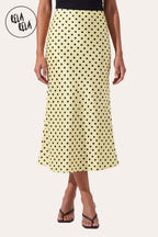 Satin Polka Dot Flowy Maxi Skirt in Yellow