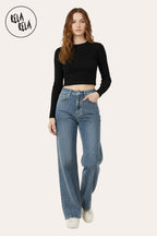 All-Over Sparkle Rhinestone Stretchy Dad Fit Jeans in Denim Blue