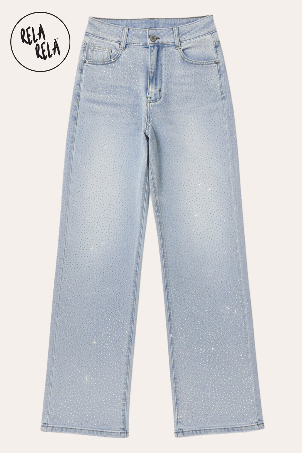 Viral Stretchy Dad Fit Jeans with All-Over Diamantes in Light Blue