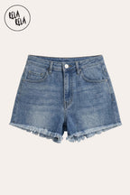 Stretchy Push Up High Waisted Frayed Hem Denim Shorts in Mid Blue