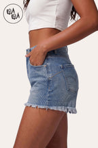 Stretchy Push Up High Waisted Frayed Hem Denim Shorts in Mid Blue