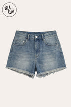 Stretchy Push Up High Waisted Frayed Hem Denim Shorts in Vintage Blue