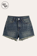 Stretchy Push Up High Waisted Frayed Hem Denim Shorts in Denim Blue