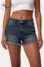 Stretchy Push Up High Waisted Frayed Hem Denim Shorts in Denim Blue