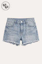 Stretchy Push Up High Waisted Frayed Hem Denim Shorts in Light Blue