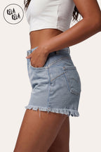 Stretchy Push Up High Waisted Frayed Hem Denim Shorts in Light Blue