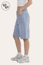 Viral Stretchy Low Rise Baggy Longline Denim Bermuda Shorts in Blue